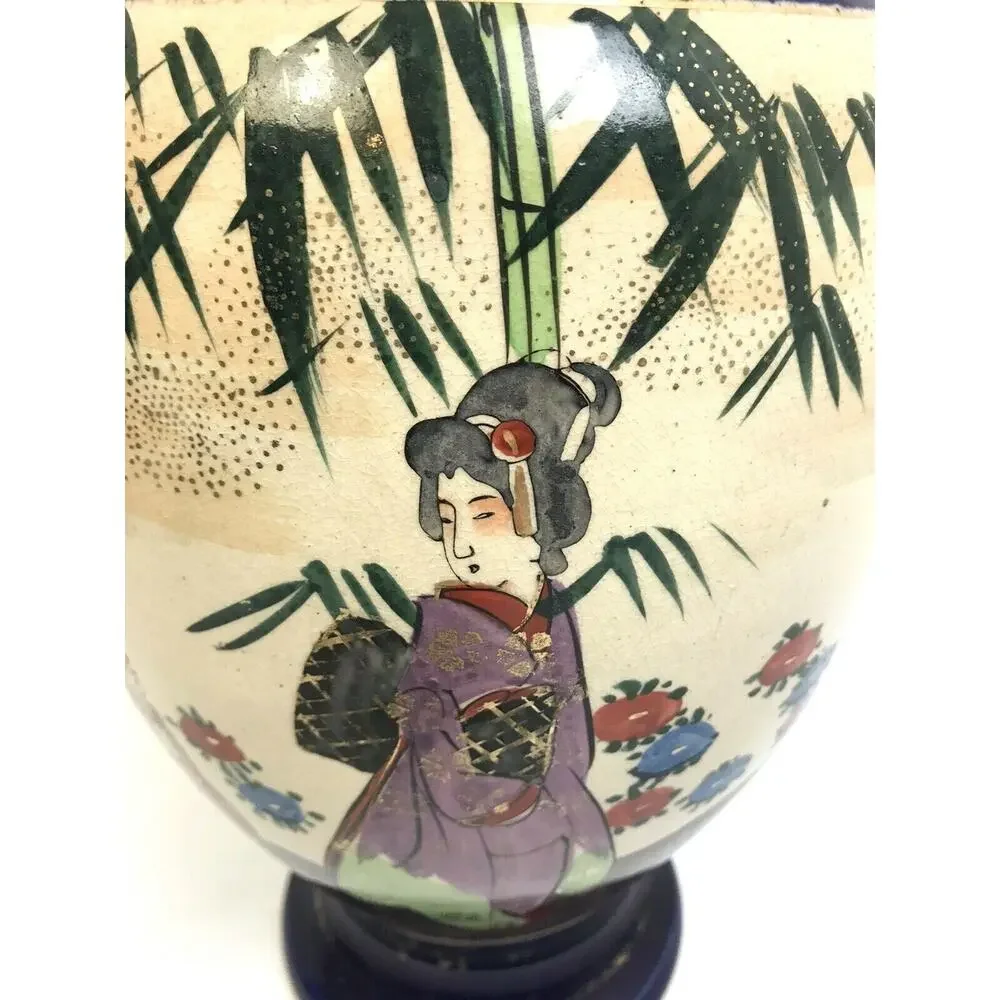 Japanese Vase 12' Geisha Girls Blue Gold Ancient Scene Asian Art Ceramic